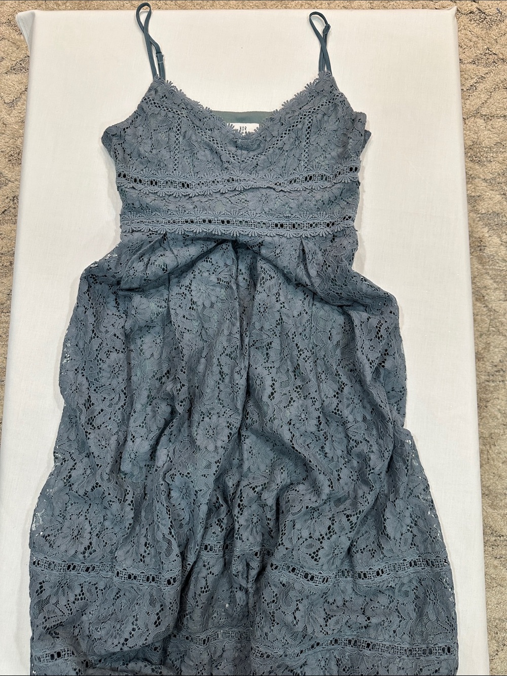 NSR Slate Blue Lace Midi Dress with Spaghetti Straps